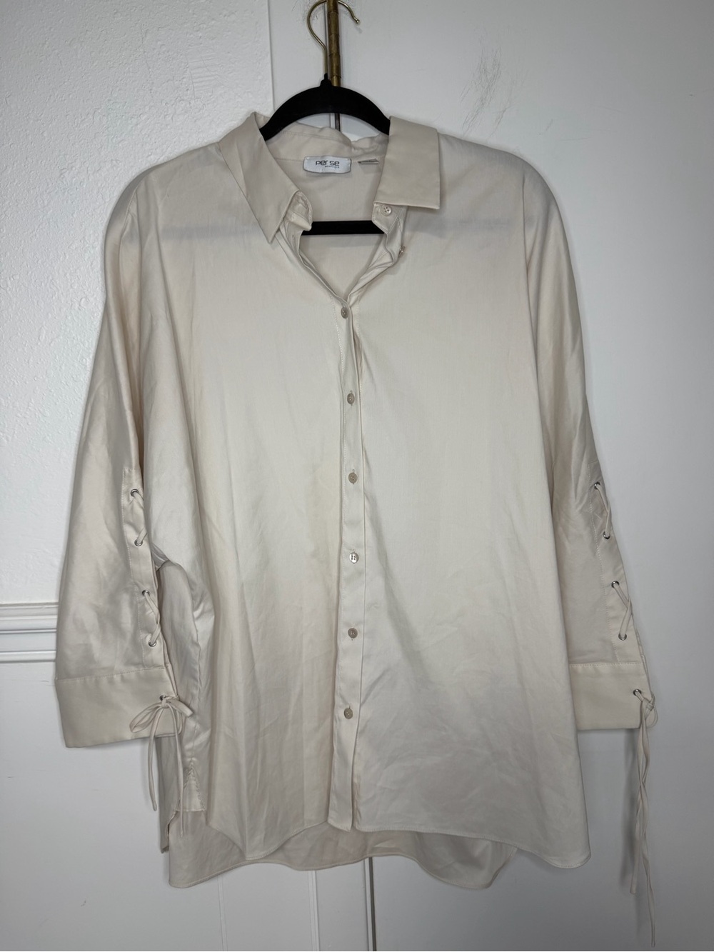 Per se Cream Lace-Up Sleeve Button Down size 14